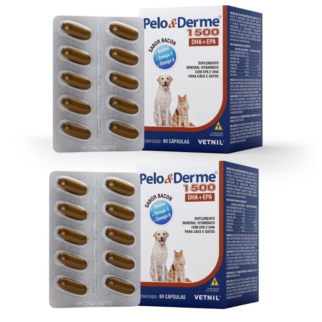 2 Pelo E Derme 1500 Vetnil Cães E Gatos Com 60 Capsulas