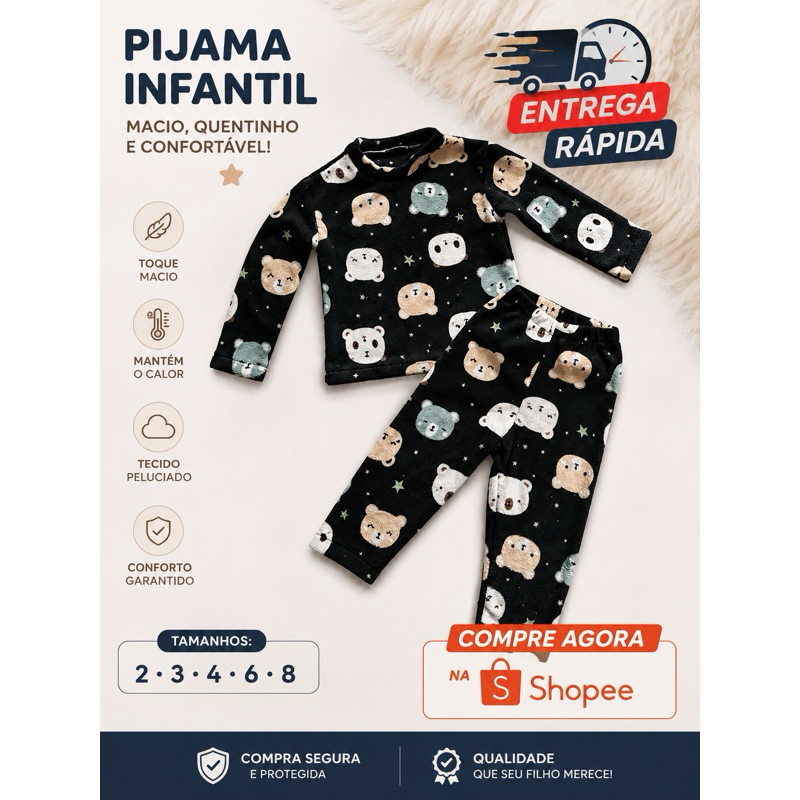 Pijama Infantil Feminino Soft Peluciado – Super Quentinho e Confortável | Inverno | Tamanhos 2, 3, 4, 6 e 8