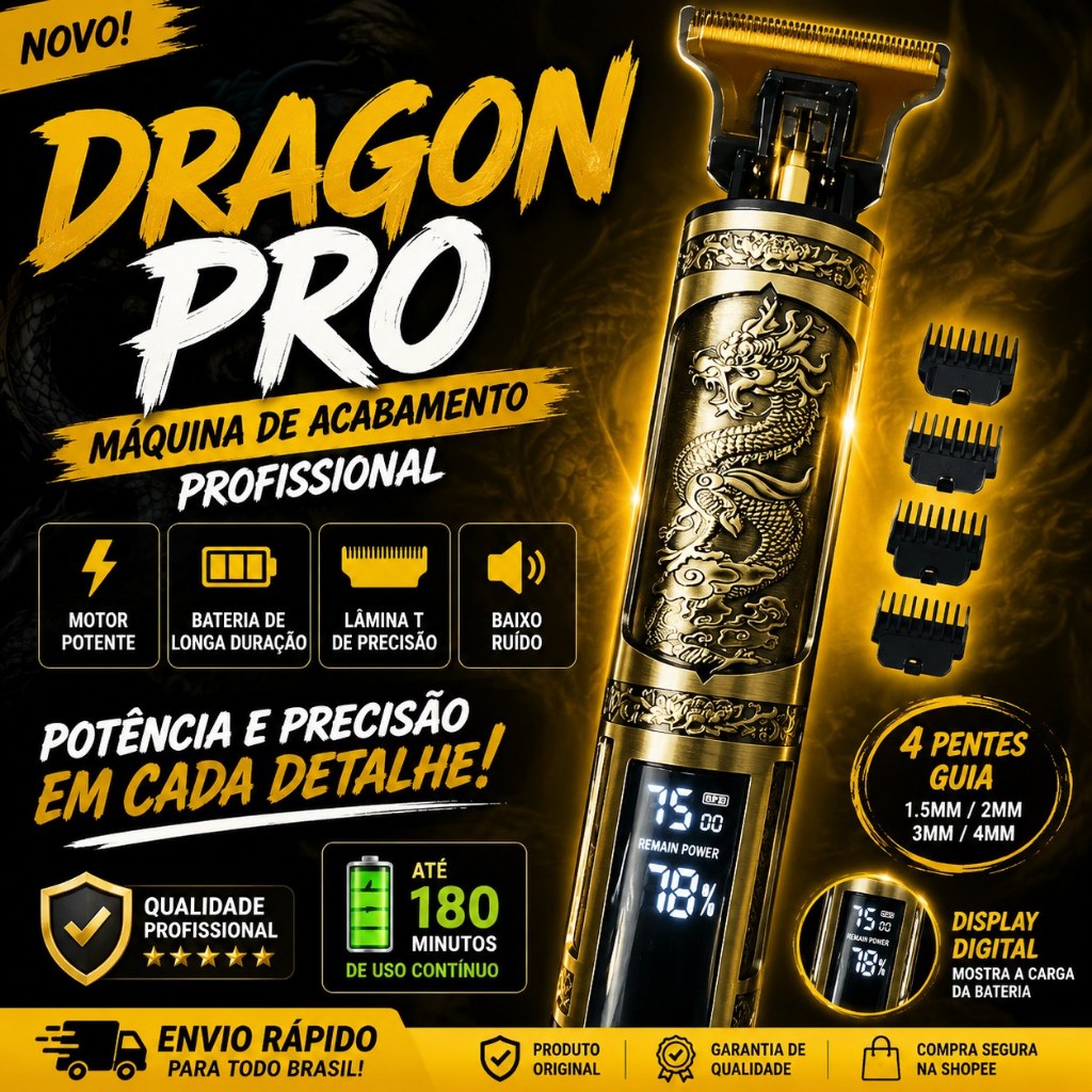 Máquina De Cortar Cabelo e Barba Dragão Profissional Com Led, Barbeador e Cortador com Display Digital, Lançamento