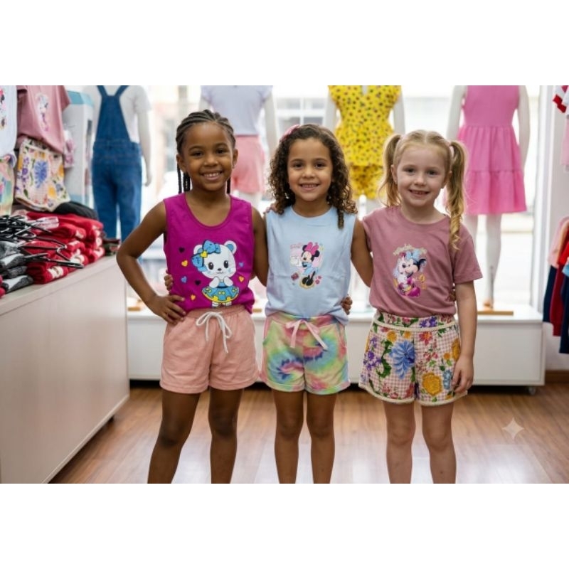 kit de 3 conjuntos de camisetas e shorts feminino infantil de algodão cores sortidas