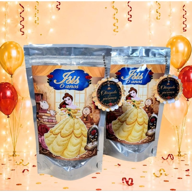 Saquinho Metalizado Personalizado Tema Princesa Encantada | Bella Lembrancinha Festa Infantil