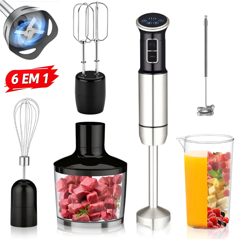 Mixer Elétrico 1000W 6 em 1 Tela Digital 8 Velocidades Timer Batedor Espumador Multifuncional Cozinha Doméstica 220V