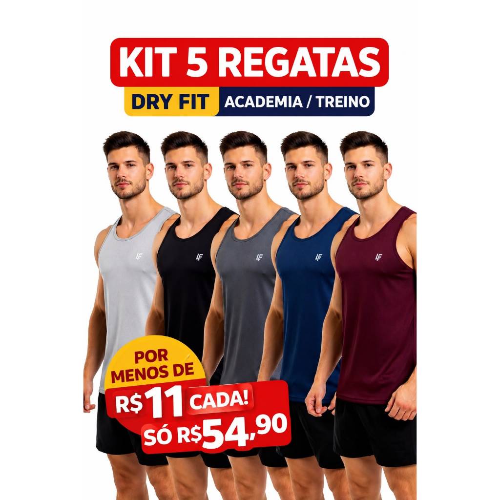 KIT 5 Regatas Masculina Dry Fit Academia Treino Fitness Sem Manga Confortavel
