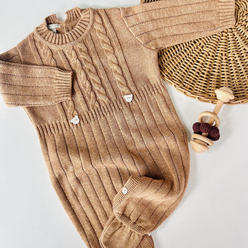 Macacão de Bebê Trançado Ursinho Roupa de Bebê Tricot Saída Maternidade Recém Nascido Menina Menino
