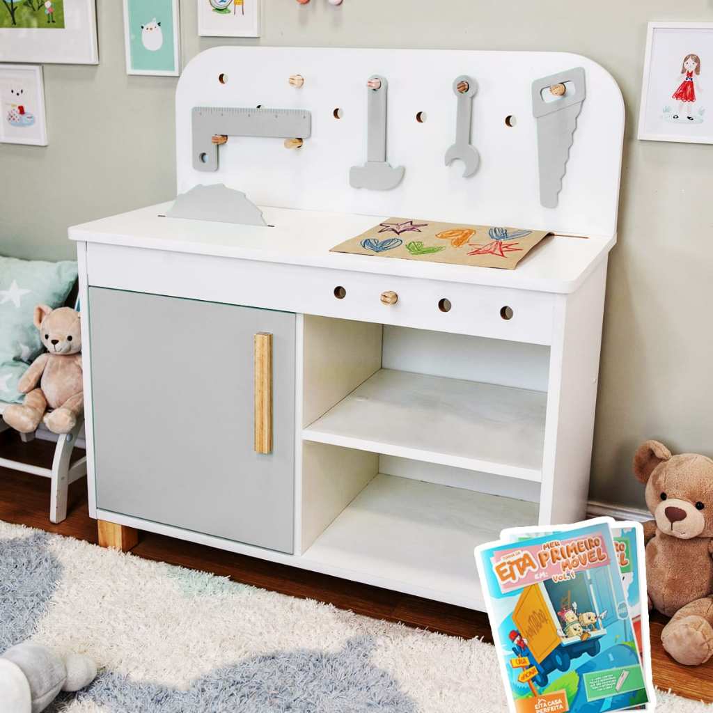 Bancada Ferramentas Oficina Infantil Madeira Brinquedo Pedagógico Faz de Conta Mini Marceneiro Kit Livro Educativo
