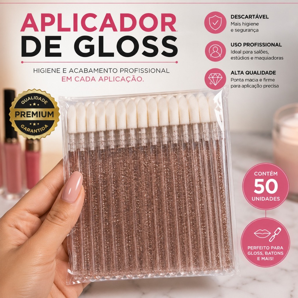 Kit 50/600 Unidades Aplicador de Gloss Descartável Ponta Macia para Maquiagem Batom Líquido