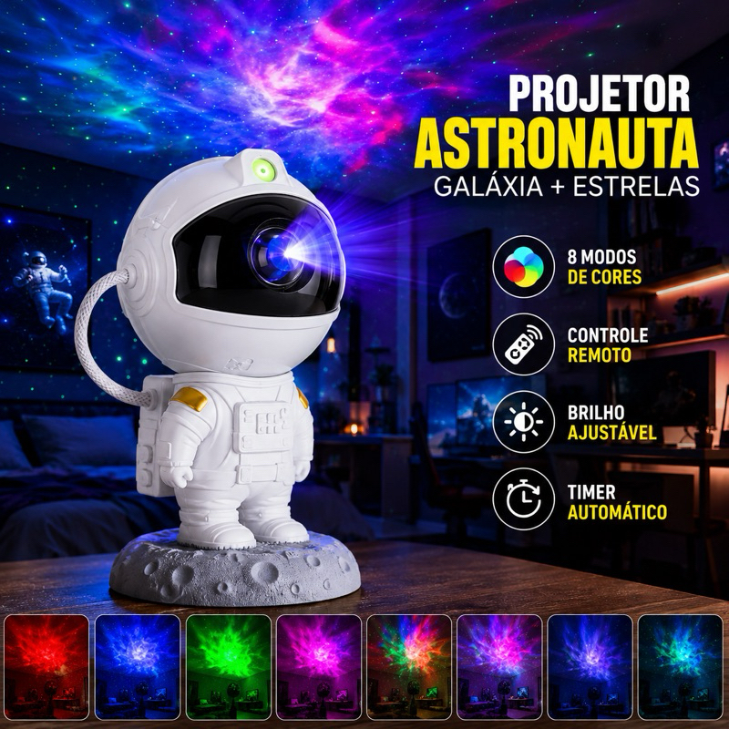 Projetor Astronauta Galáxia LED Com Controle Remoto Luminária Estrelas Nebulosa Rotação 360° USB