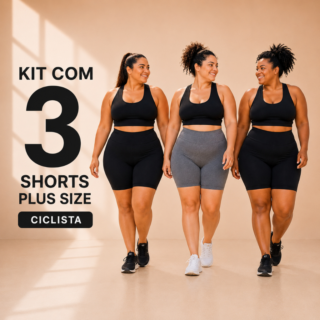 Kit 3 Shorts Plus Size Feminino Ciclista Cintura Alta Zero Transparência Academia Confortável