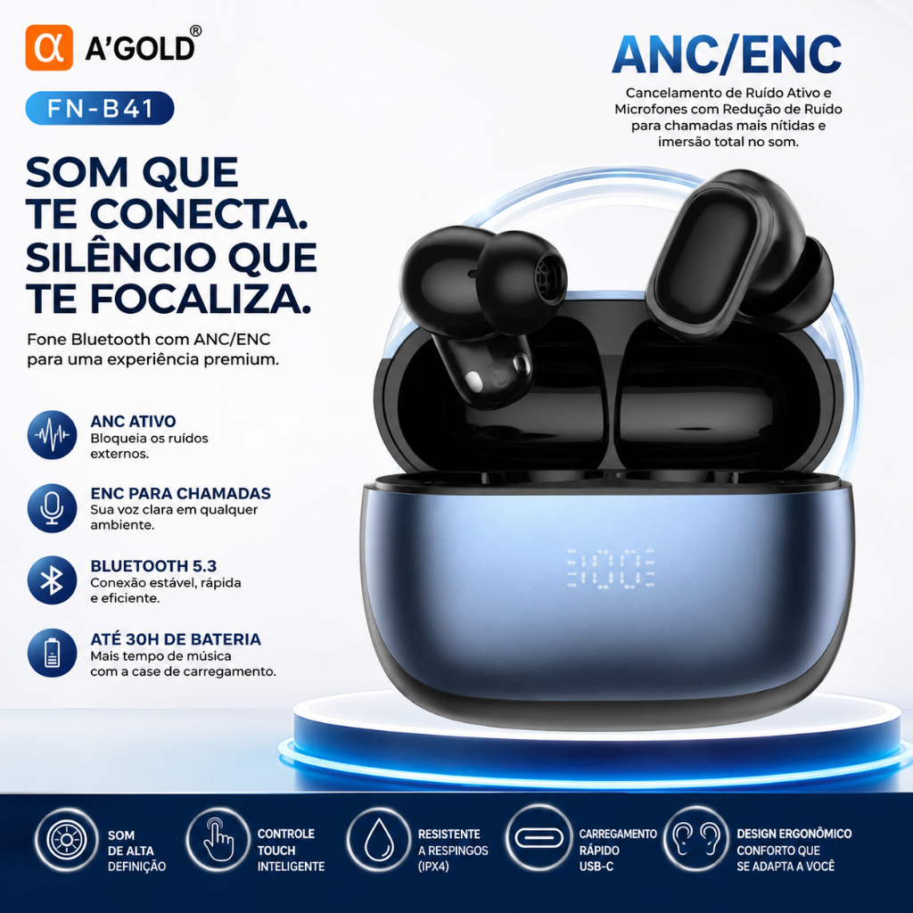 Fone Bluetooth FN-B41 A'Gold - Iphone e Android - Cancelamento de Ruído Ativo e Cancelamento de Ruído Ambiental