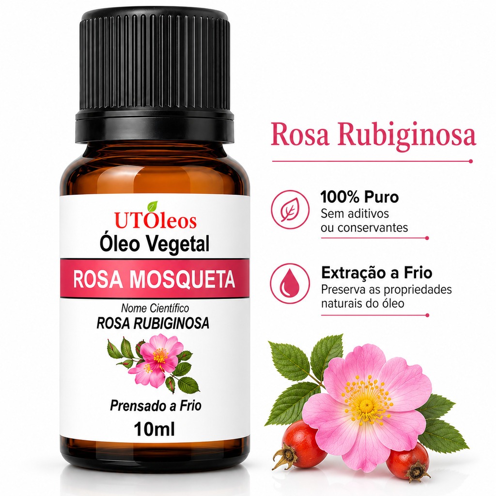 Óleo Vegetal Rosa Mosqueta Rosa Rubiginosa Puro 10ml Frasco Âmbar Vidro Rosto Corpo Cabelos Unhas