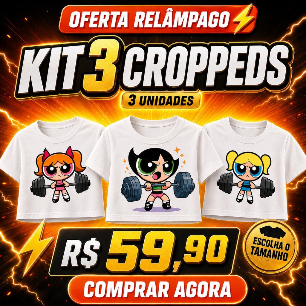 Kit 3 Cropped Feminino Estampado Super Poderosas Academia Tecido Leve Algodão