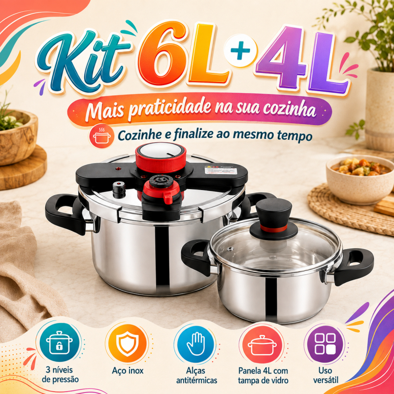 Kit Panela de Pressão 6L + Panela Auxiliar 4L em Aço Inox com Tampa de Vidro 3 Níveis de Pressão