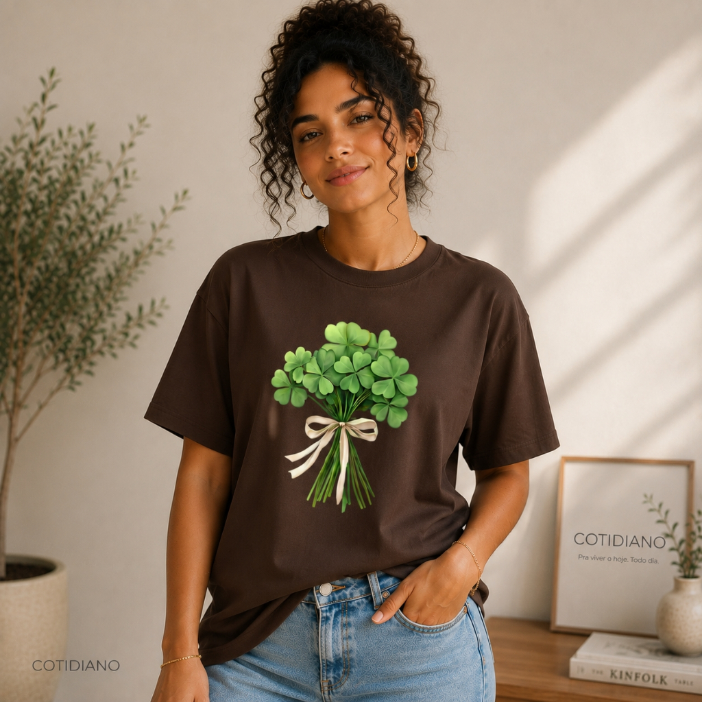 Camiseta T-shirt Feminina Trevo da Sorte 100% Algodão Estampada Casual Moderna