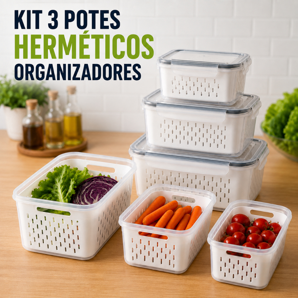 Potes Herméticos para Geladeira com Cesto Escorredor Organizador Frutas Verduras BPA Free ENVIO IMEDIATO