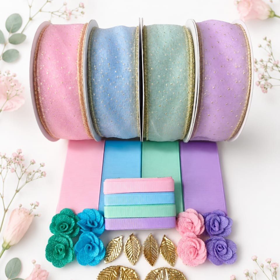 Kit Fitas de Organza com Borda e Poá Dourado para Laços de Cabelo e Artesanato