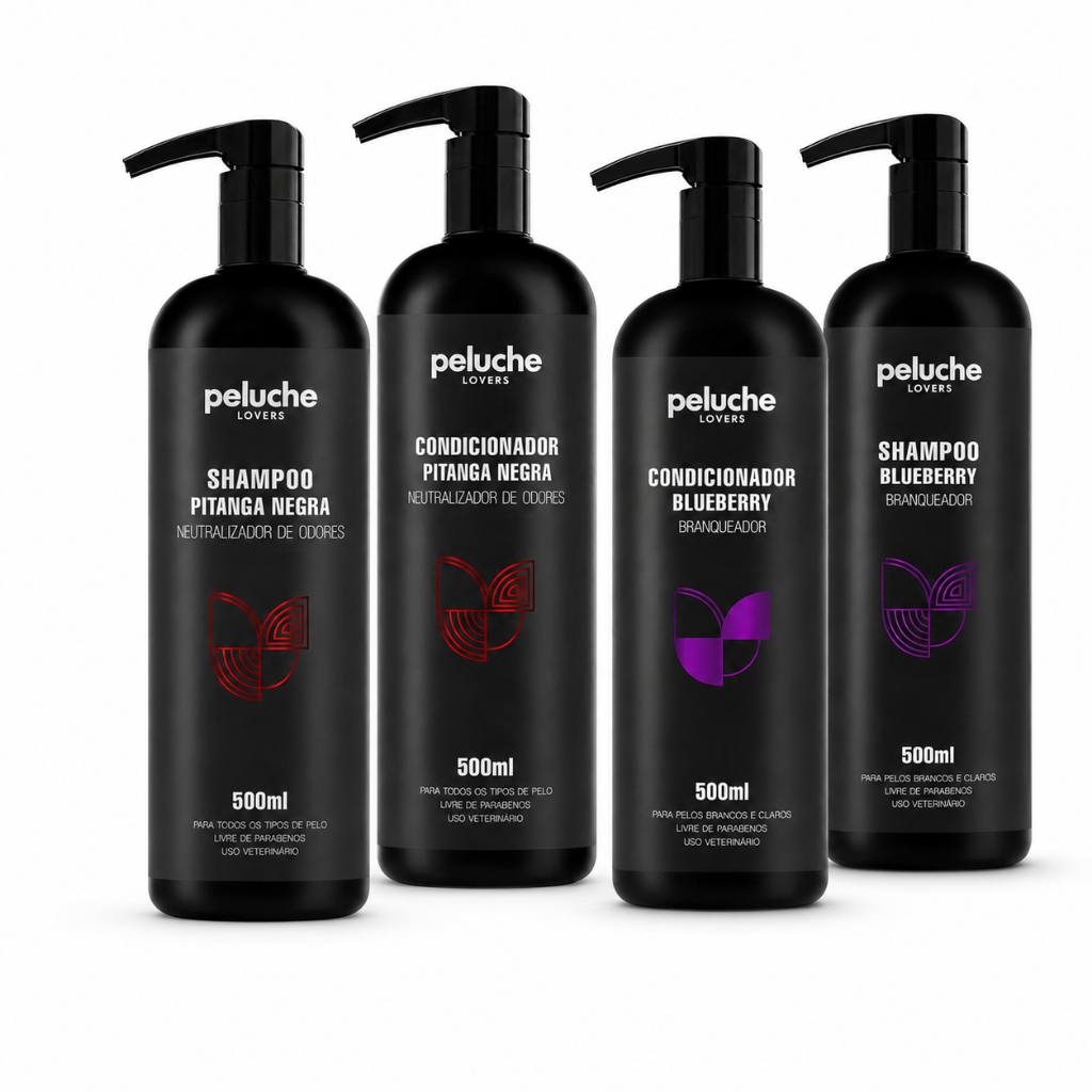 Kit Shampoo e Condicionador Peluche 500ml Cada para Cães e Gatos Blueberry ou Pitanga Negra