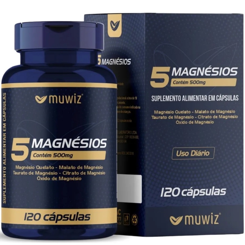 5 Magnésios ( Quelato + Malato + Taurato + Citrato + Óxido ) 120 Cápsulas 500mg - Muwiz