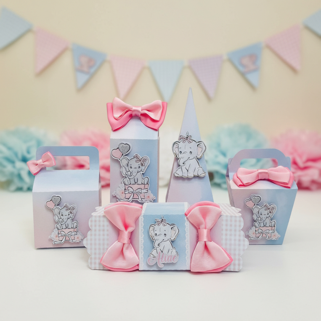 Kit festa Elefantinho Aquarela Rosa Personalizado chá de bebê, Aniversário | Caixinhas para Lembrancinha
