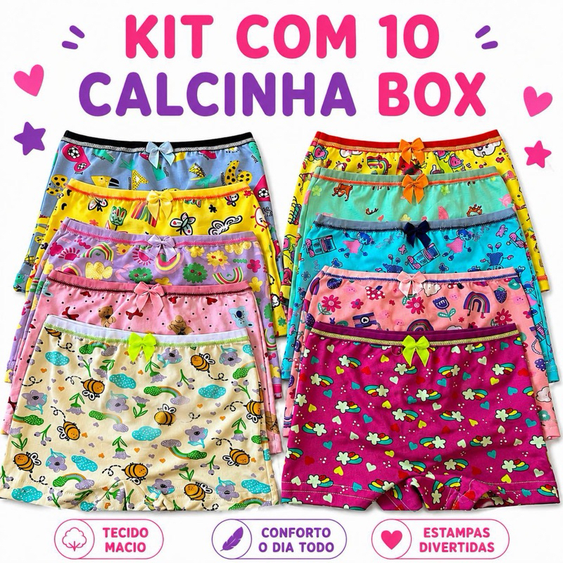Kit 10 a 05 Calcinhas Box Infantil Menina em Algodão | Estampas Sortidas | Conforto e Qualidade