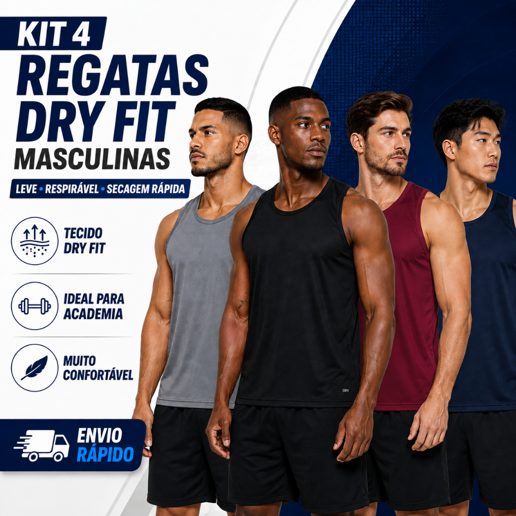 Kit 4 Camisetas Regata Dry Fit Masculina Academia Treino Corrida Fitness Esportiva Leve Respirável Secagem Rápida