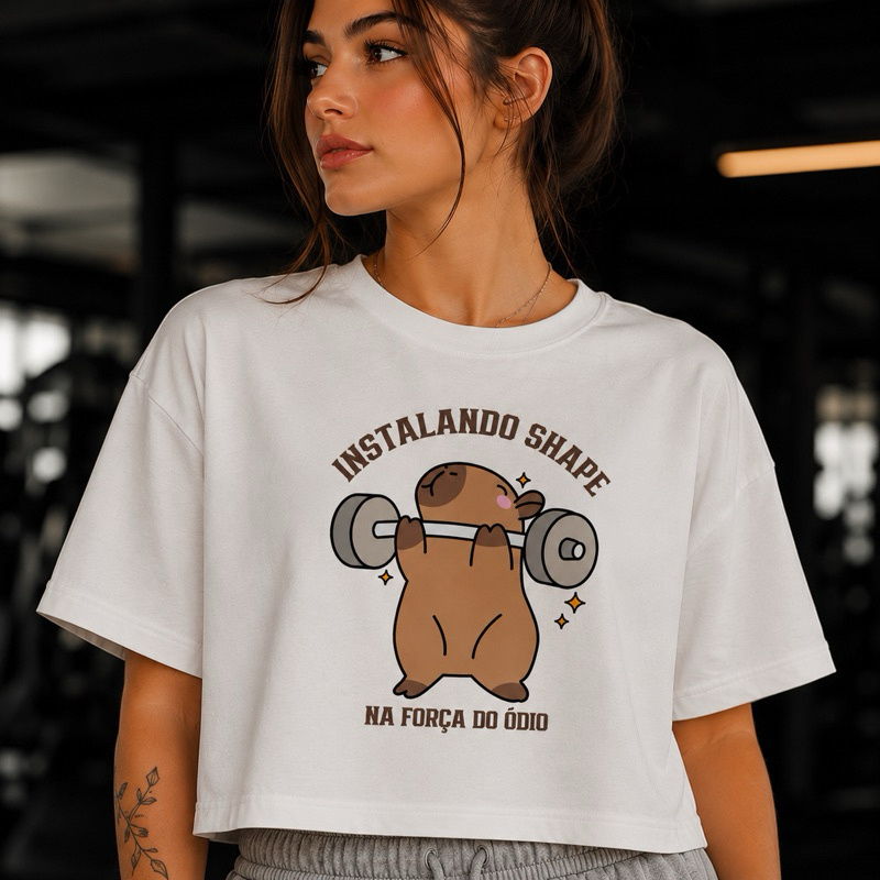 Cropped Oversized Feminino 100% Algodão Estampa Capivara Academia Camiseta Streetwear Premium Promoção Envio Imediato