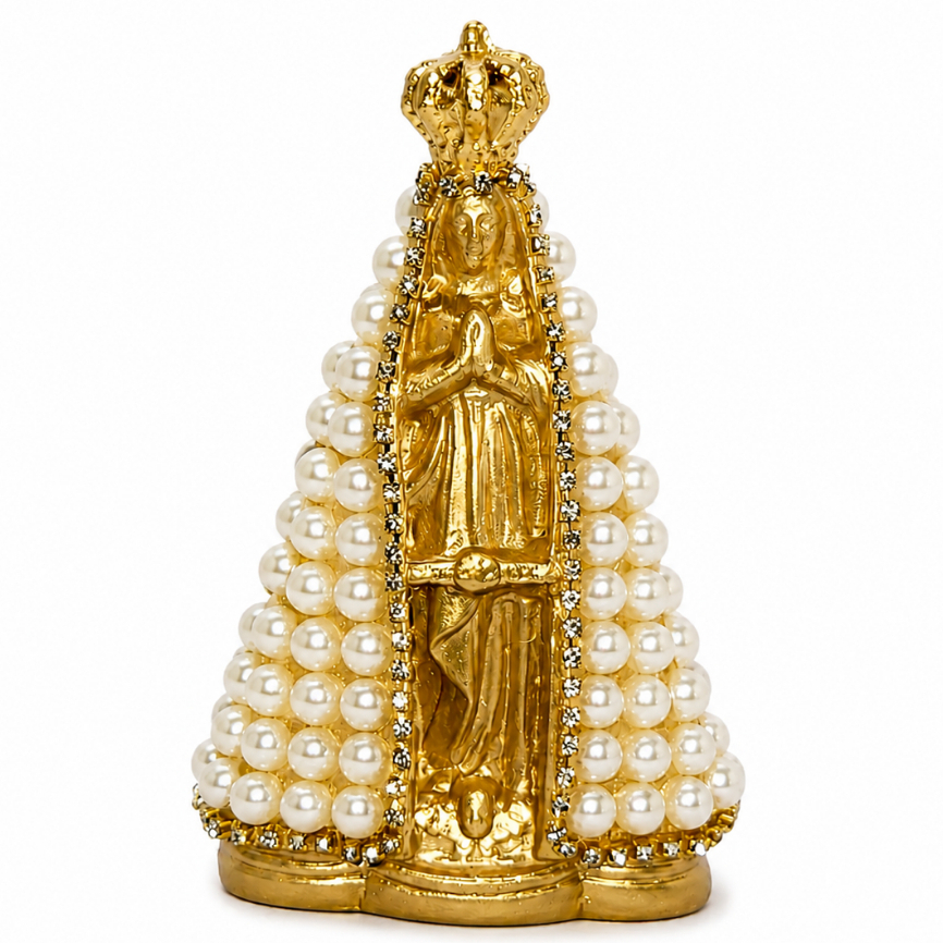Nossa Senhora Aparecida Dourado 10cm Imagem de Gesso Manto Perolado Pintado a Mão - Promoção !