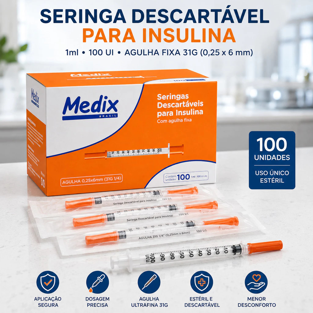 Seringa de Insulina Medix 1ml 100UI com Agulha fixa ultrafina 6x0,25mm - Descartável e Fácil Uso 100Uni