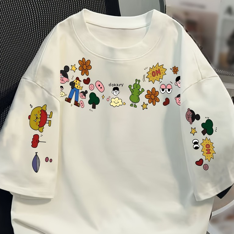 Camiseta Feminina Cartoon Doodle Estampa Divertida Colorida Manga Curta Casual Confortável Estilo Aesthetic