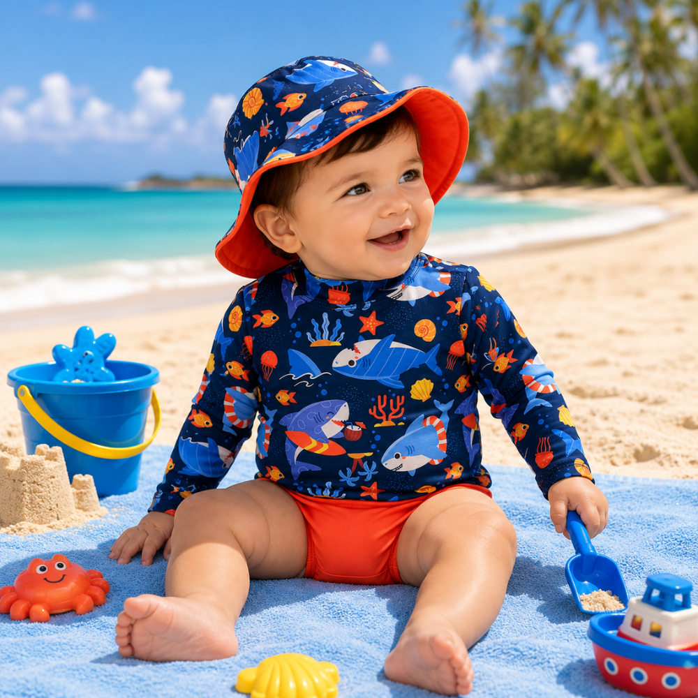 Kit 3 Peças  Moda Praia Bebê e Infantil Menino: Blusa UV50 + Tapa Fralda + Chapéu | Proteção Solar