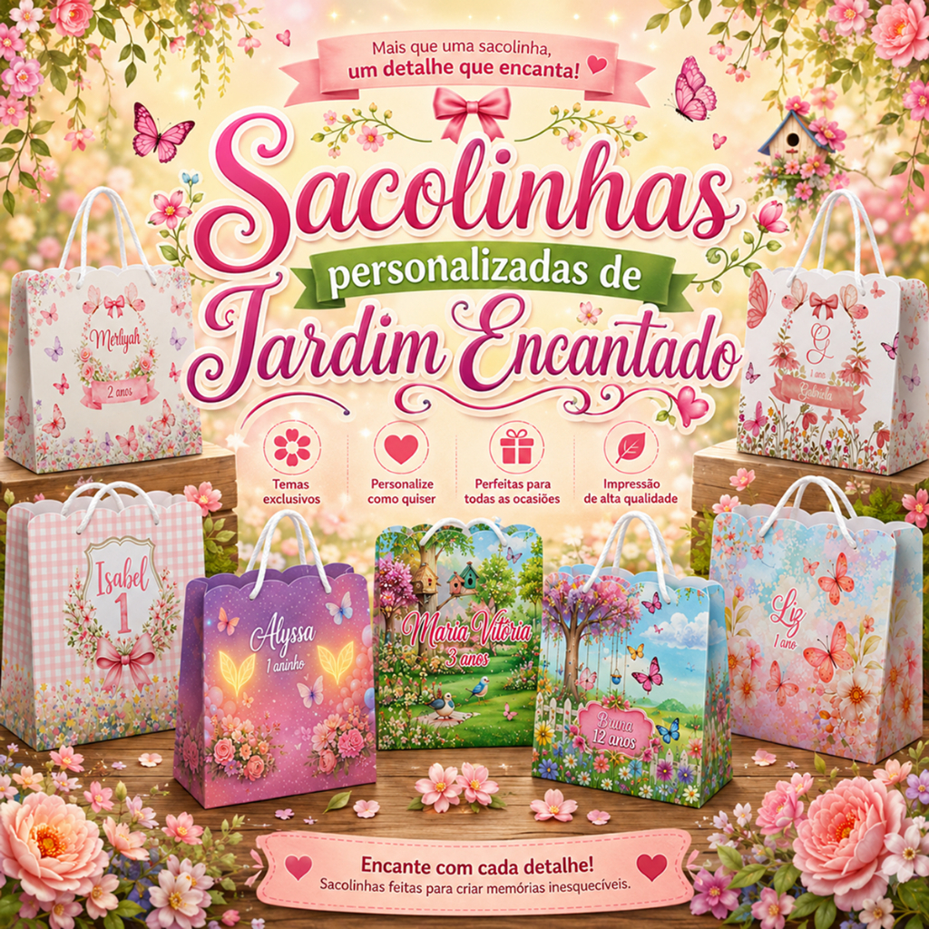 Kit Com 10 Sacolinhas Personalizadas Para Lembrancinha Tema Jardim Encantado das Borboletas