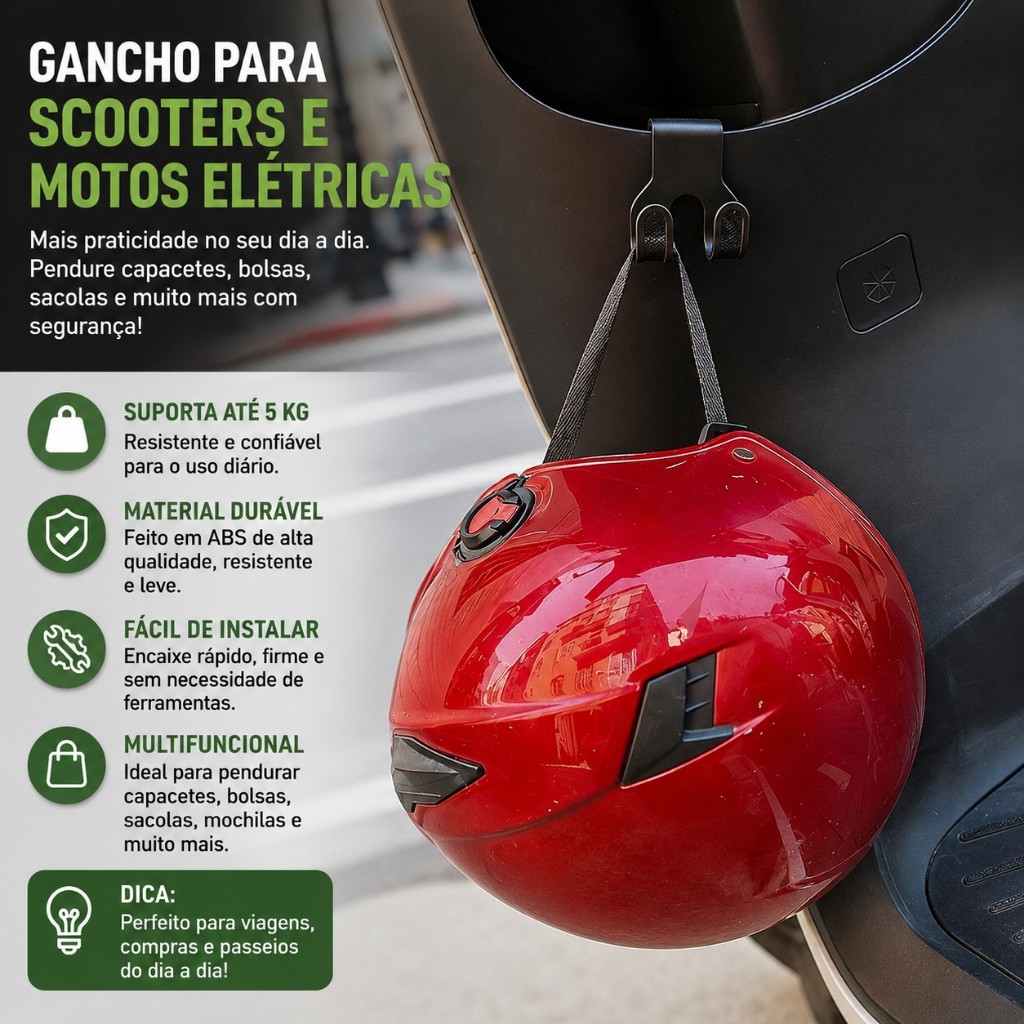 Gancho Multifuncional para Moto e Scooter Elétrica Suporte para Capacete Bolsa Sacolas Acessório em ABS Reforçado