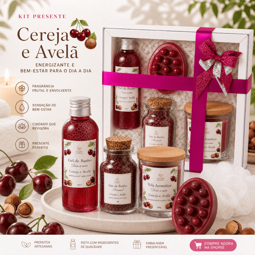 Kit Presente Spa Aromático Artesanal | 6 Itens | Vela Aromática 100g, Sabonete 100g, Sais de Banho 50g e Gel de Banho