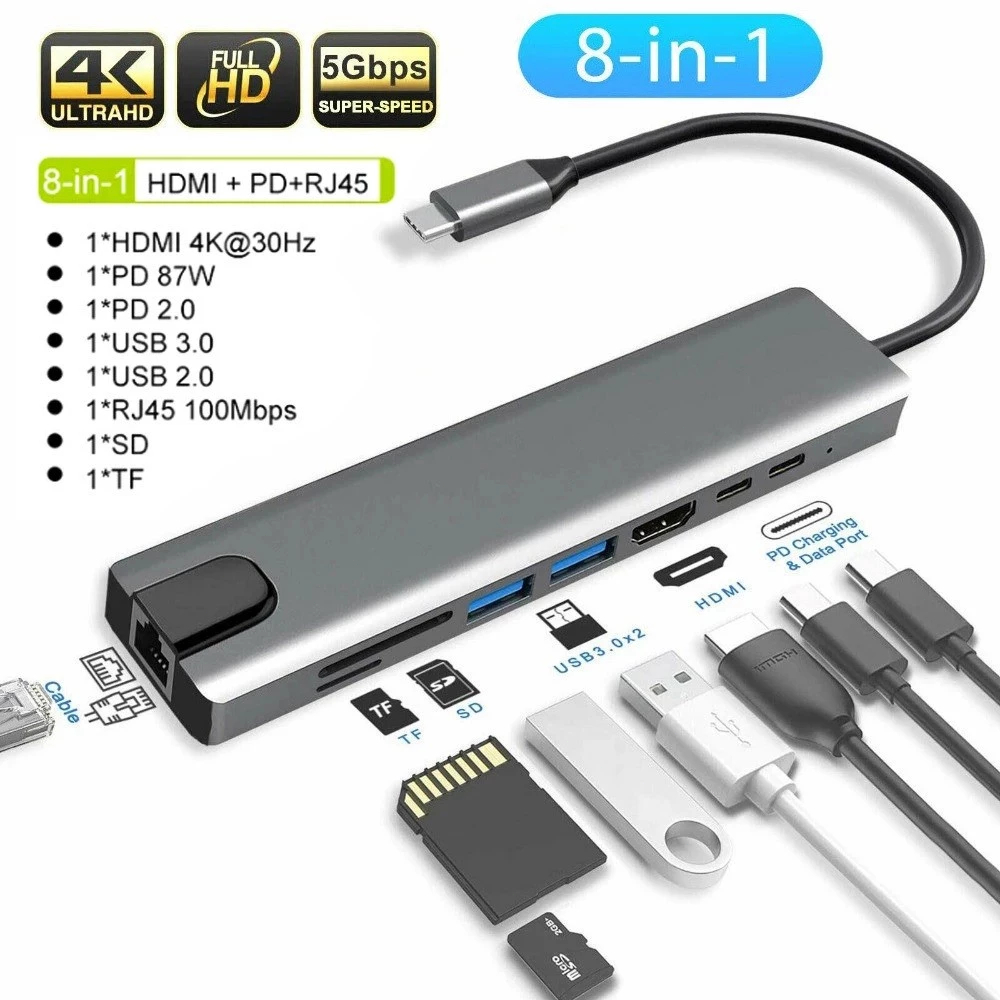 Hub USB-C 8 em 1 com HDMI 4K, RJ45, Leitor SD/TF, USB 3.0, Tipo-C PD – Adaptador para MacBook, Notebook, PC