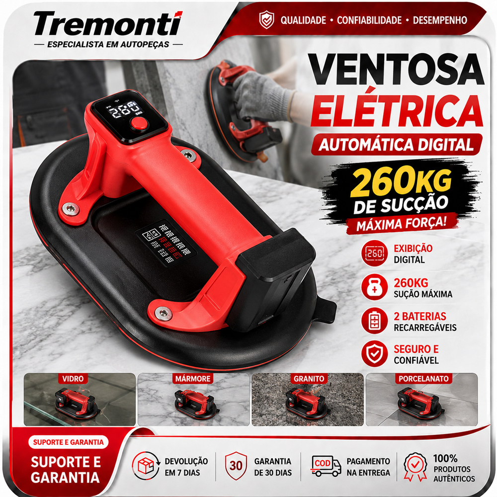 Kit Ventosa Automática Digital 260kg com 2 Baterias Sucção Forte Para Vidro Porcelanato Instalação Profissional