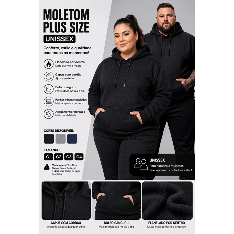 Moletom Canguru Plus Size Flanelado Unissex G1 ao G4 | Premium Grosso, Quentinho Confortável e Com Capuz