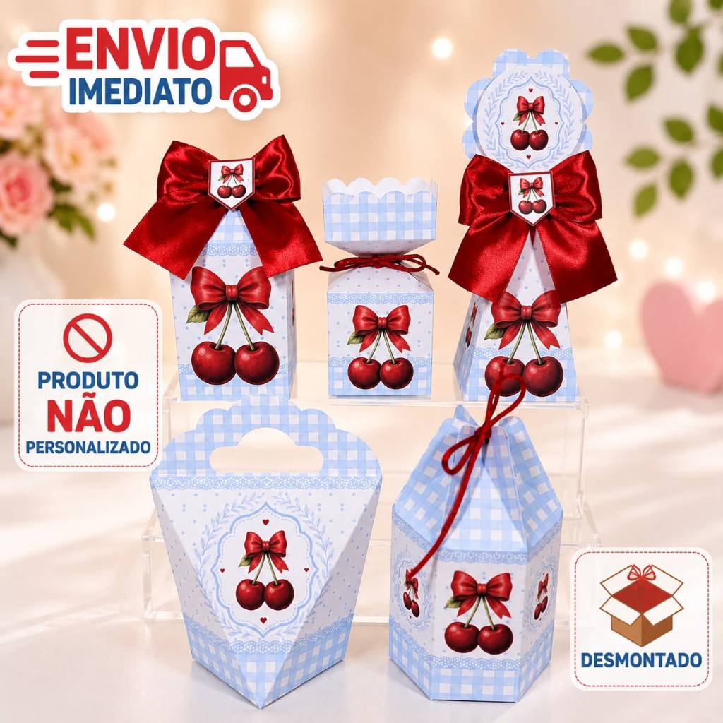 kit Caixinhas Personalizadas para Festa CEREJINHA AZUL E VERMELHA Lembrancinhas de Aniversário Decoração DESMONTADO.