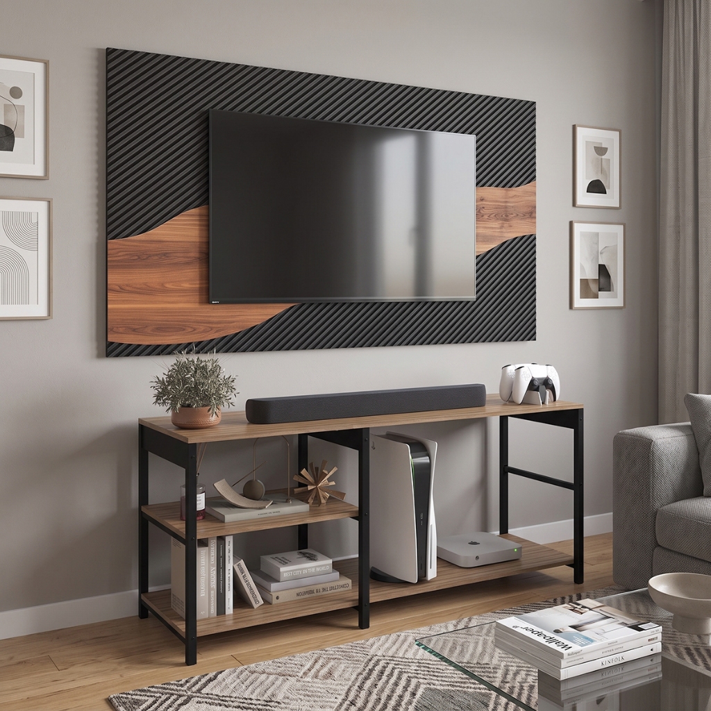 Rack e Painel Home Theater para TV até 50 Polegadas Estilo Industrial Moderno Preto com Detalhes Amadeirados