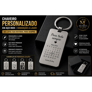Chaveiro Calendário Personalizado em Aço Inox | Data Especial Gravada a Laser | Presente para Casal, Namorado, Namorada