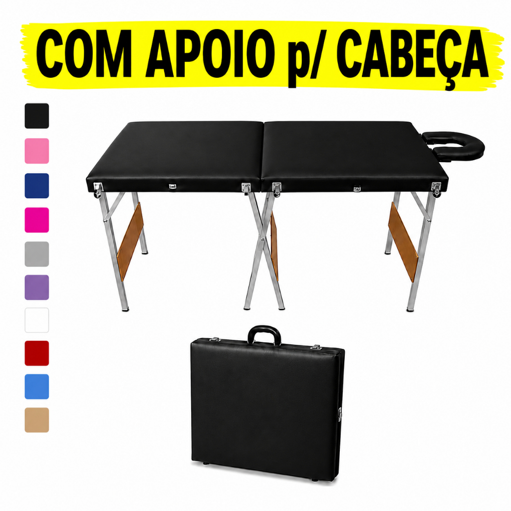 Maca Portátil Dobrável COM APOIO CABEÇA Profissional Maleta Suporta Até 230kg - Estética
