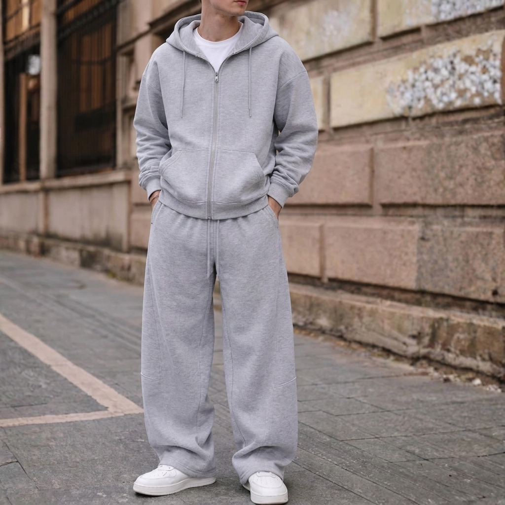 Conjunto Masculino de Moletom com Calça Wide Leg e Blusa de Zíper com Capuz e Bolsos – Estilo Streetwear Casual Inverno — imagem 2 de 2