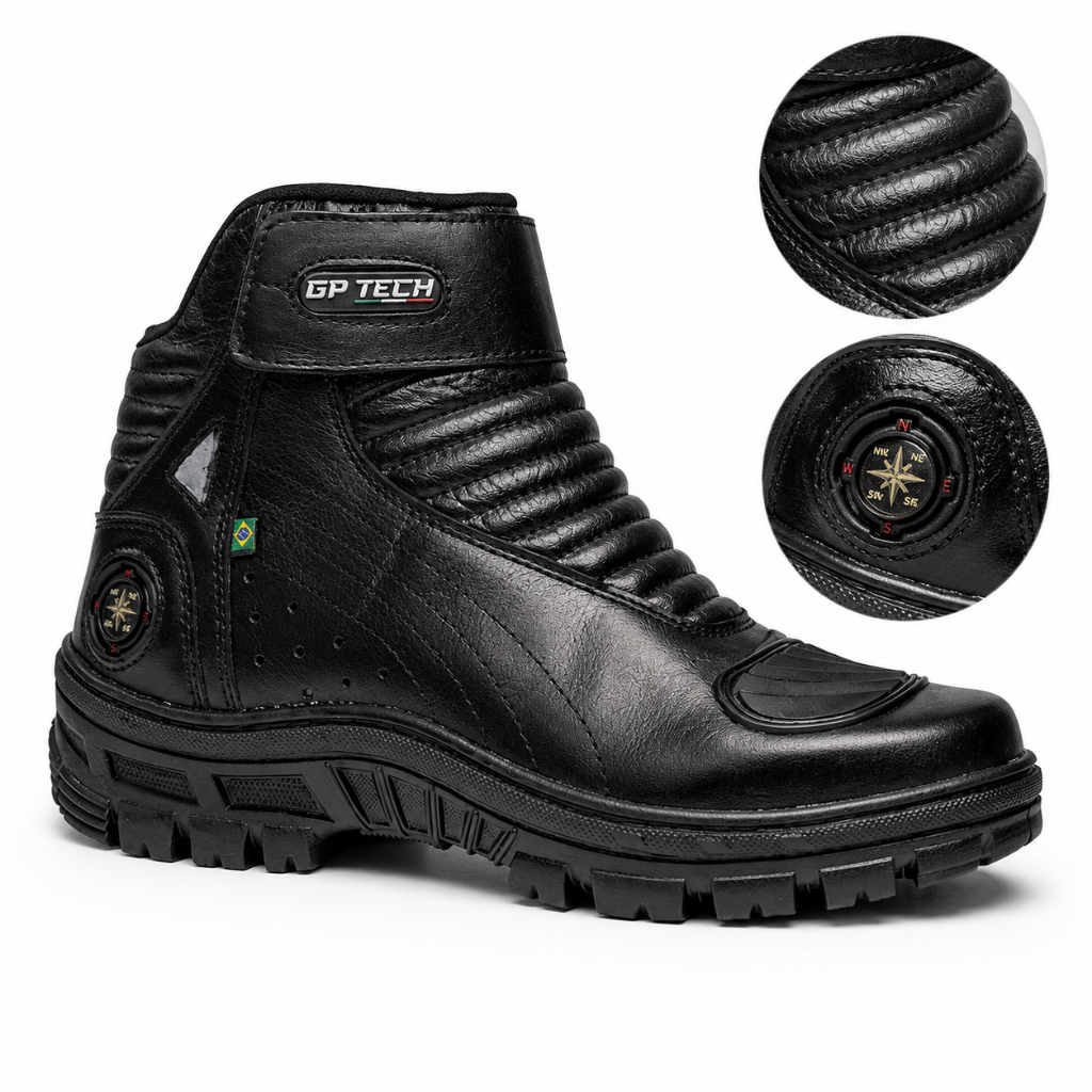 Bota Gp Tech Motoqueiro Adventure Couro Legítimo Palmilha Gel Sola Borracha