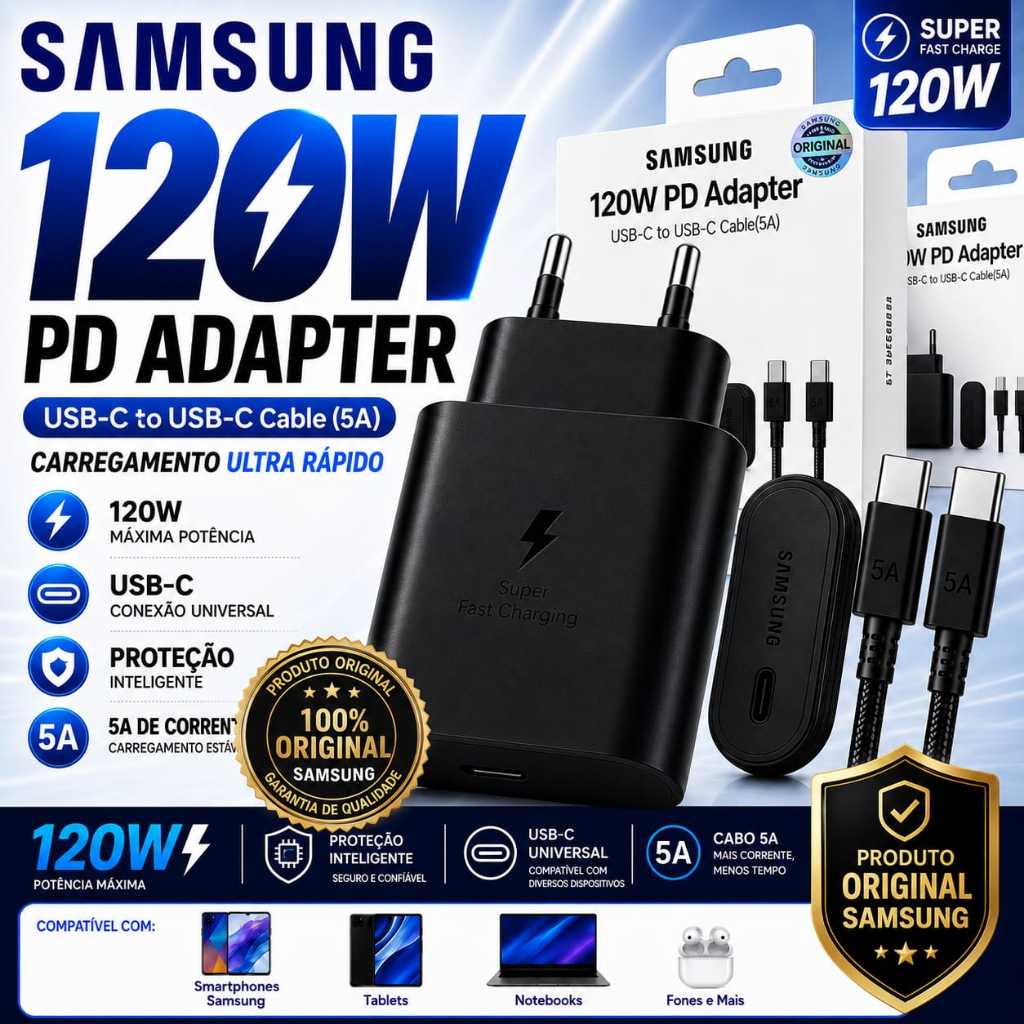 {ORIGINAL} Carregador Samsung 120W TURBO Tipo-C Super Rápido| Para Samsung, Xiao