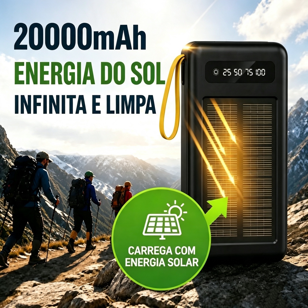 Imagem Carregador Portátil Power Bank Solar 20.000mah Com cabos 5 Em1 LED lanterna