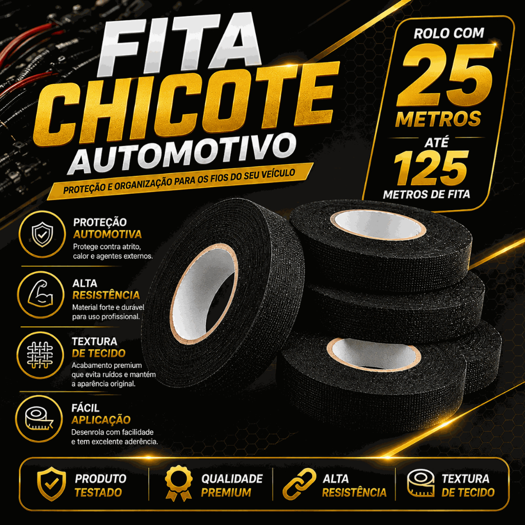 Até 05 Fita Chicote Isolante Tecido Automotivo 25m x 19mm Autoadesivo Carro Moto Anti Ruído Altas Temperaturas