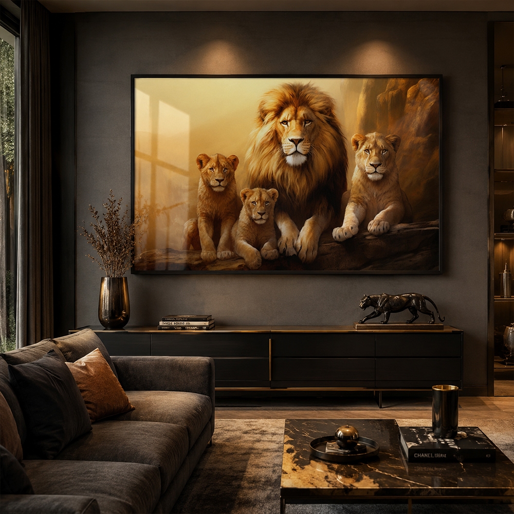 Quadro Decorativo Família de Leões Selvagem Com Moldura Sala Quarto Escritório