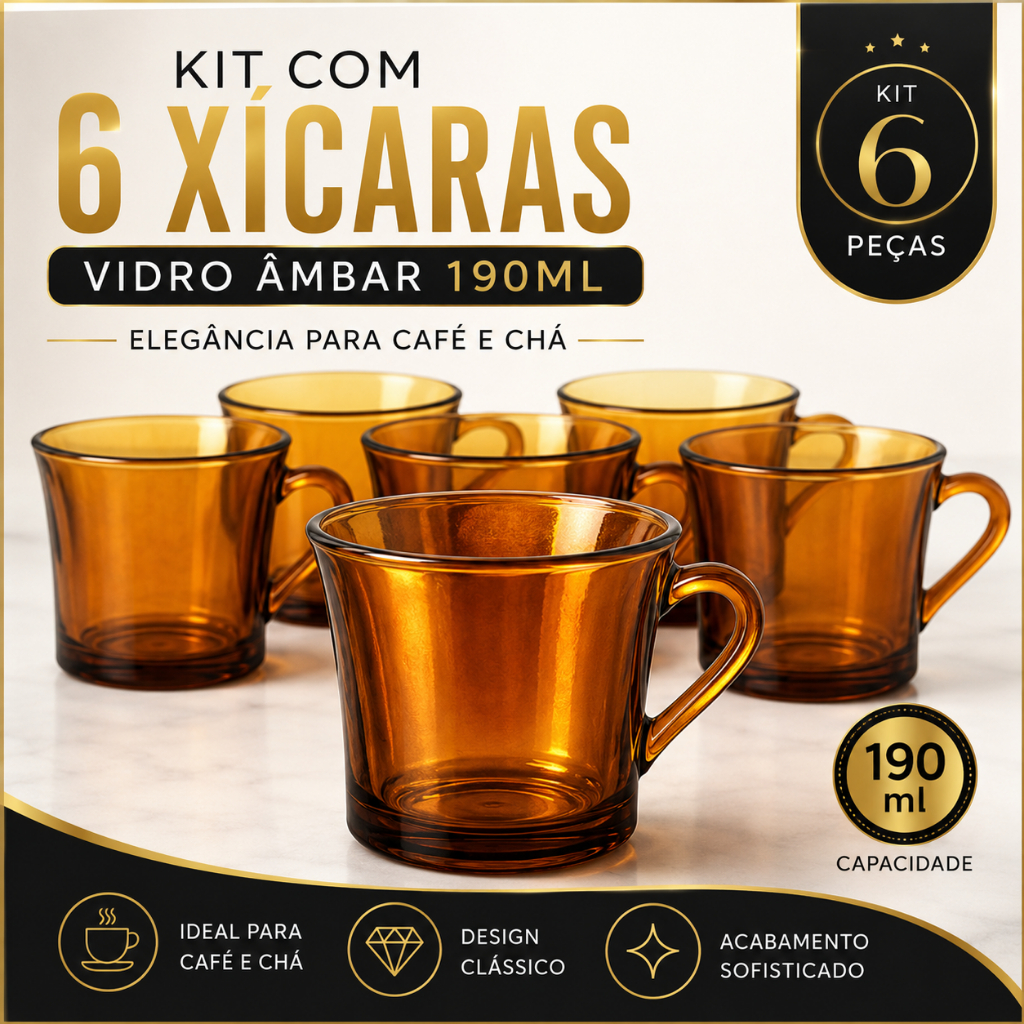 kit jogo de 6 Xicaras sino Âmbar Vidro Marrom Liso 190ml Chá Café Conjunto Louça Clássica Retro