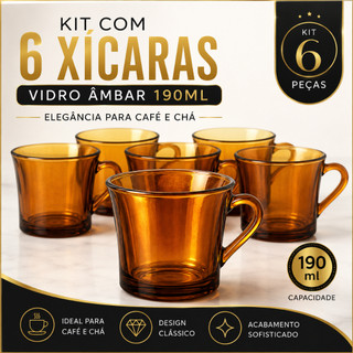 kit jogo de 6 Xicaras sino Âmbar Vidro Marrom Liso 190ml Chá Café Conjunto Louça Clássica Retro
