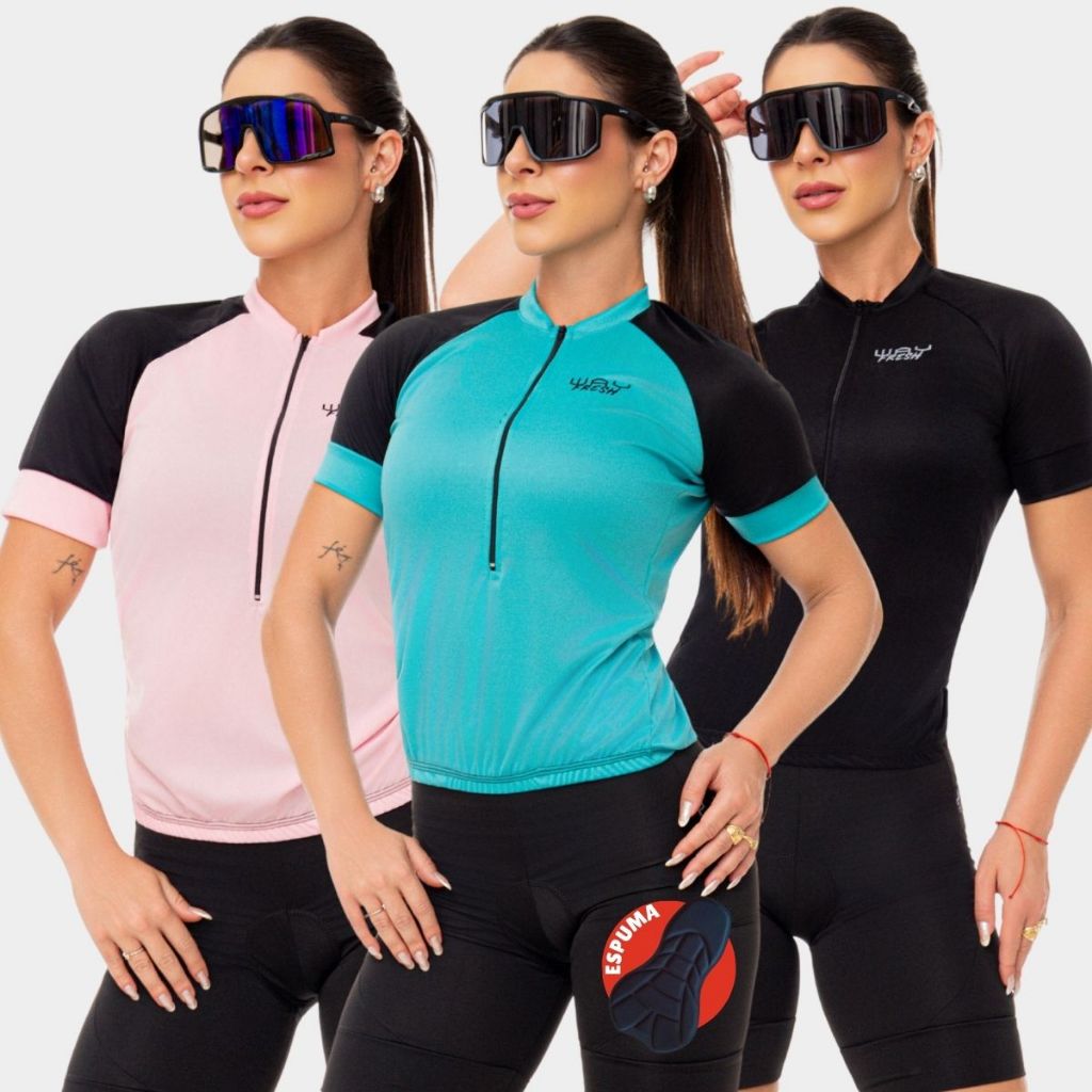 Conjunto Ciclismo Kit Camisa Way Fresh e Bermuda Espuma Camiseta e Short Feminino Roupa Bike Pedal