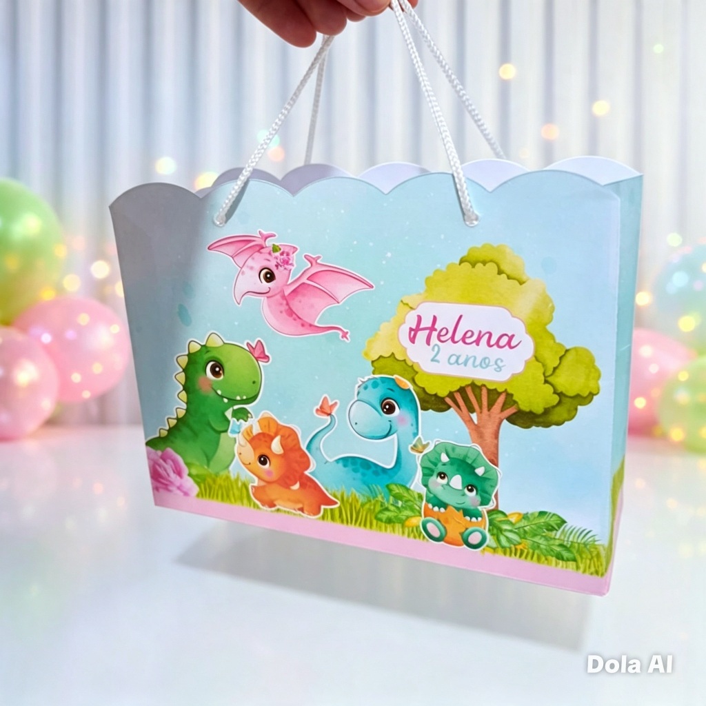 Sacolinha Surpresa Dinossauro Baby Menina Dino Baby Rosa  Personalizado  Lembrancinha Aniversário