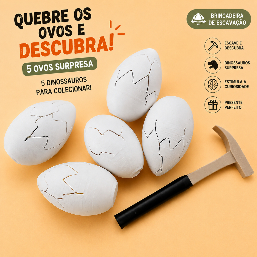 Kit 5 Ovos Dinossauro Surpresa Para Quebrar Brinquedo Escavação Dino Infantil Com Martelo